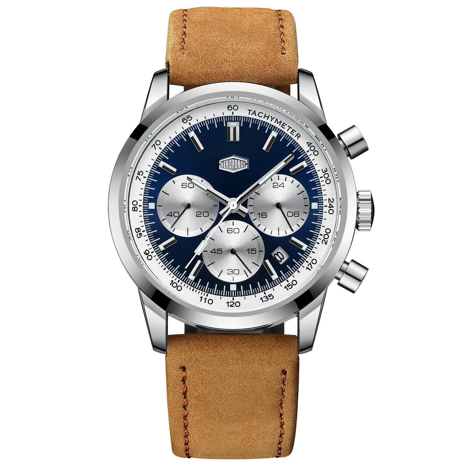 Leather Watch Band Men - Relógio Cronógrafo Clássico HEROFORCE Prata e